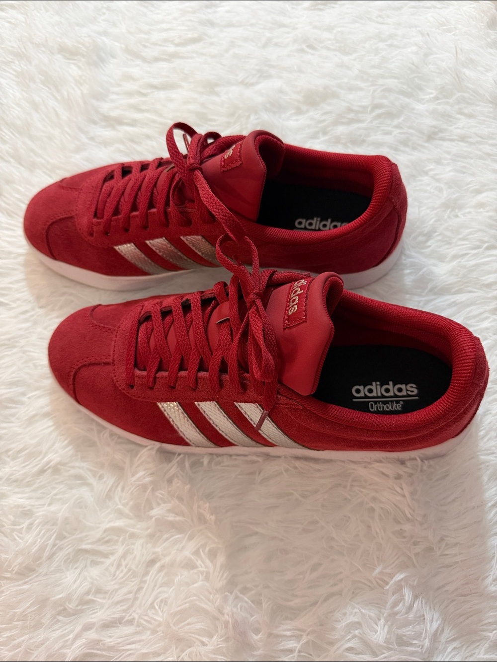 Adidas Ortholite Red Suede Sneakers with silver Stripes